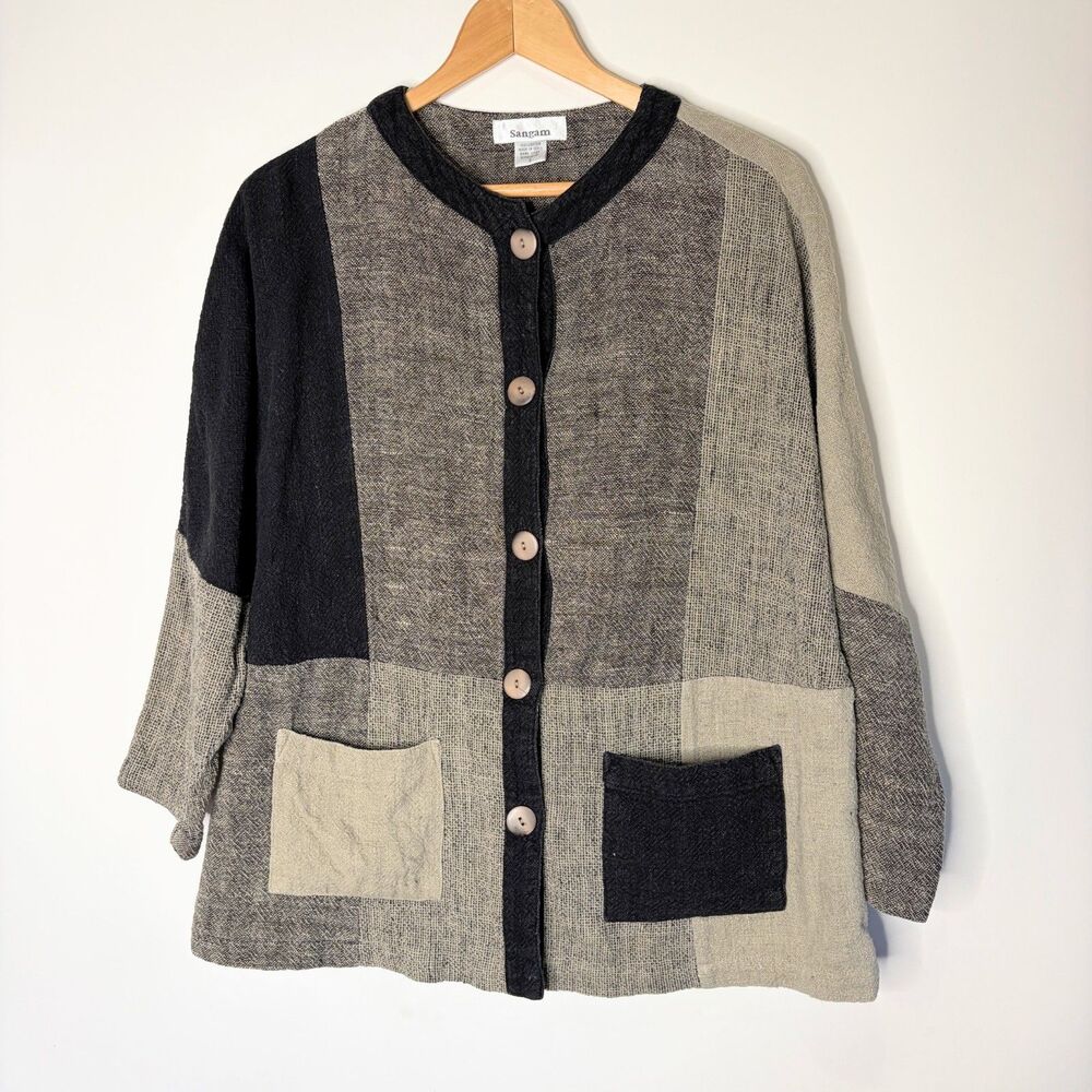 Vintage Sangam Top Button Up Patchwork Lagenlook Natural Tan Black Women Small
